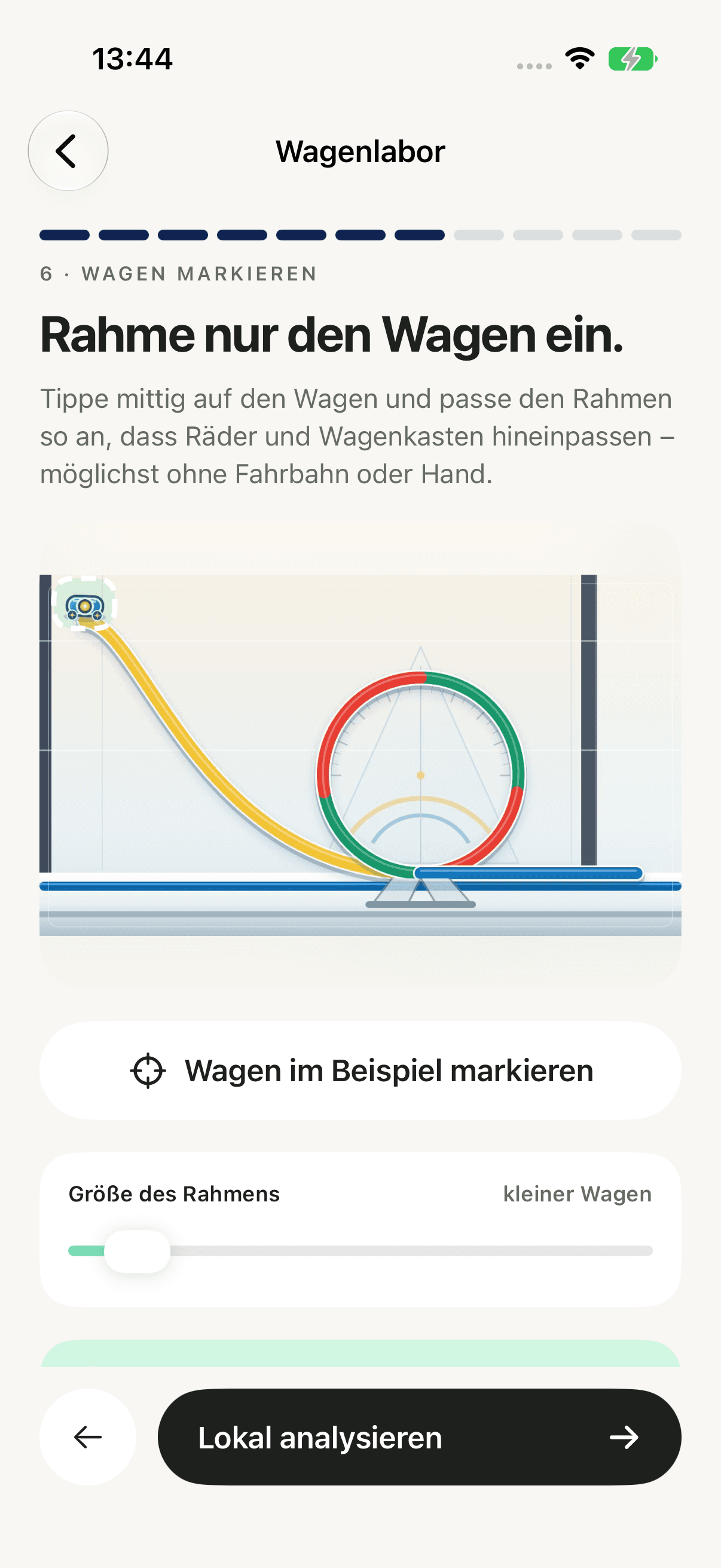 Native FUSICS-iOS-Wagenlaboransicht zum Markieren eines Wagens im Beispielvideo mit veränderbarer Rahmengröße.