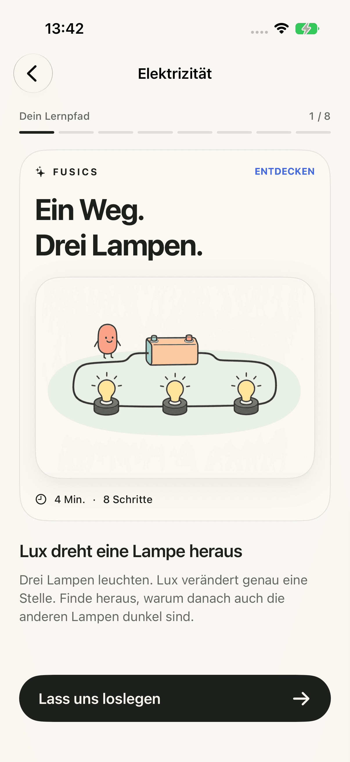 Native FUSICS-iOS-Lernpfadansicht zur Reihenschaltung mit Bildergeschichte, Lernfortschritt und Einstieg in die Untersuchung.