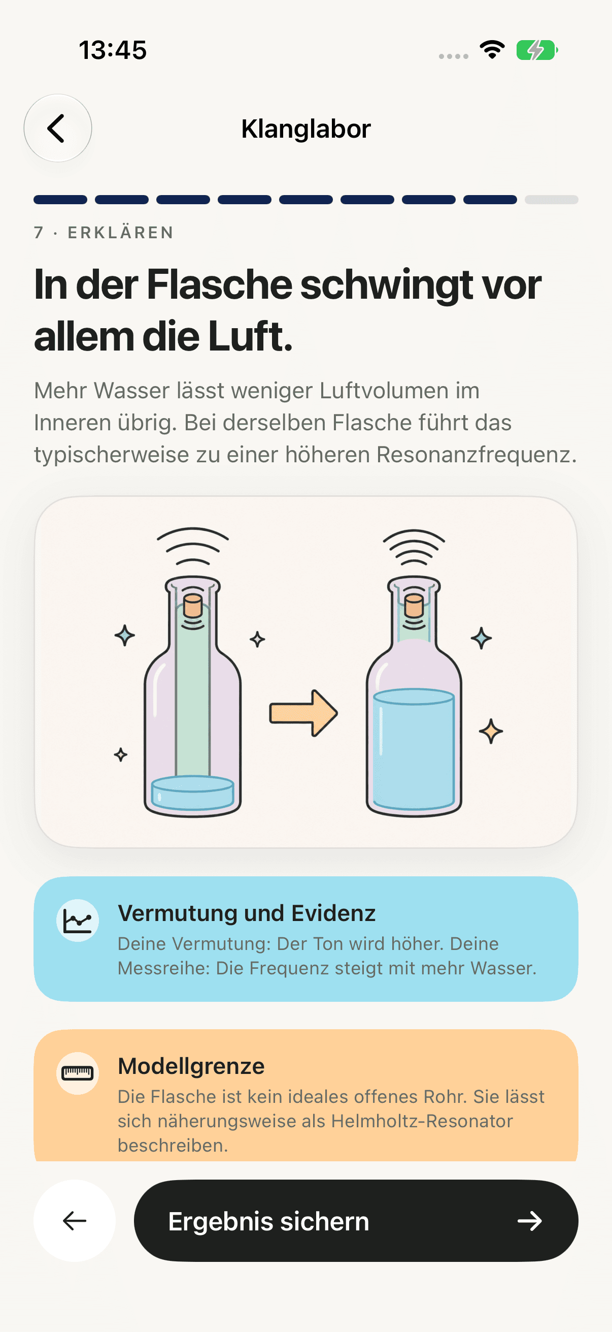 Native FUSICS-iOS-Klanglaboransicht mit Resonanzmodell, Flaschenvergleich und Erklärung des Ergebnisses.