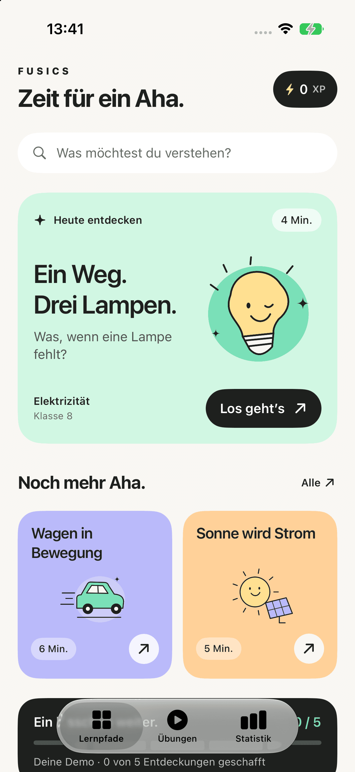 Native FUSICS-iOS-Startseite mit Zeit für ein Aha, täglicher Mission, Lernpfaden und Fortschritt.