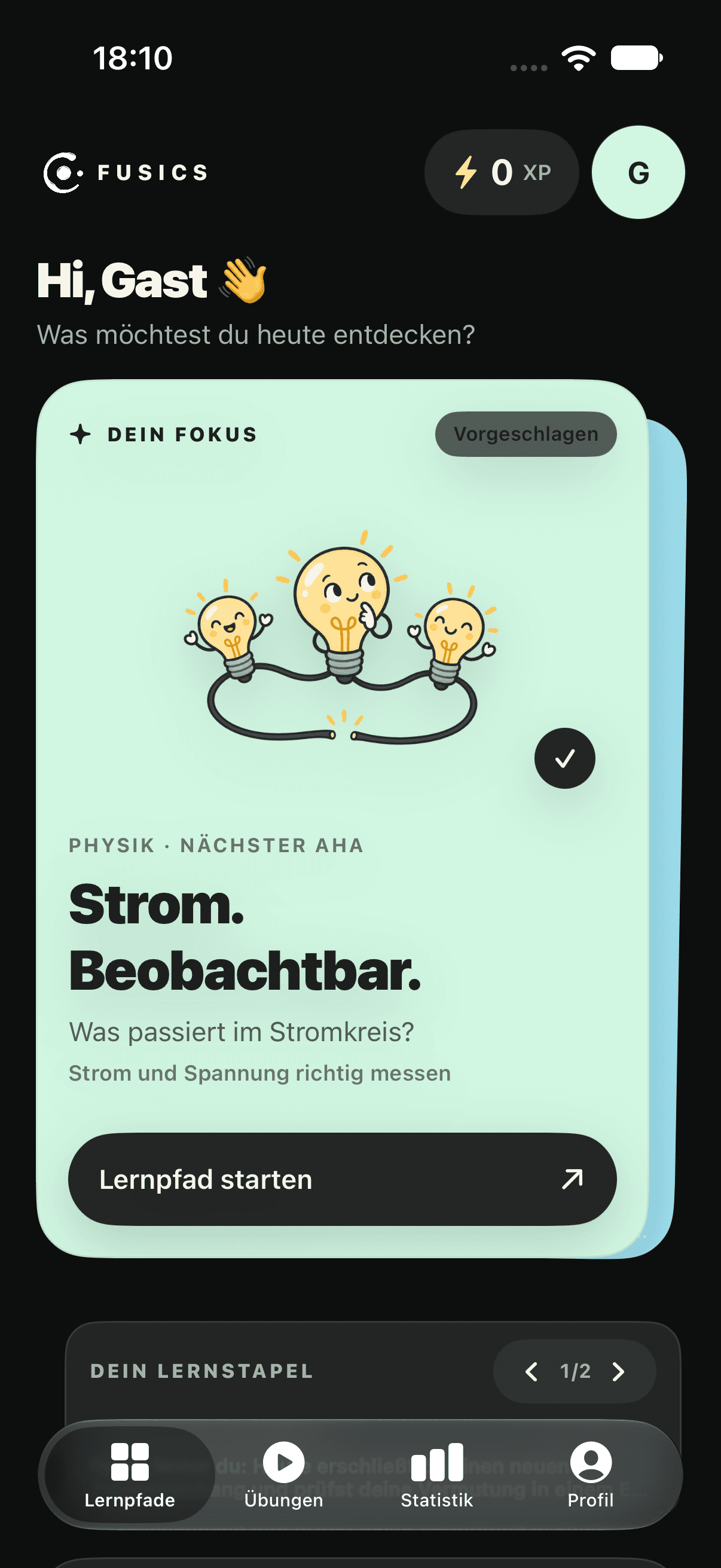 Native FUSICS-App im Dark Mode: Startseite mit vorgeschlagenem Lernpfad