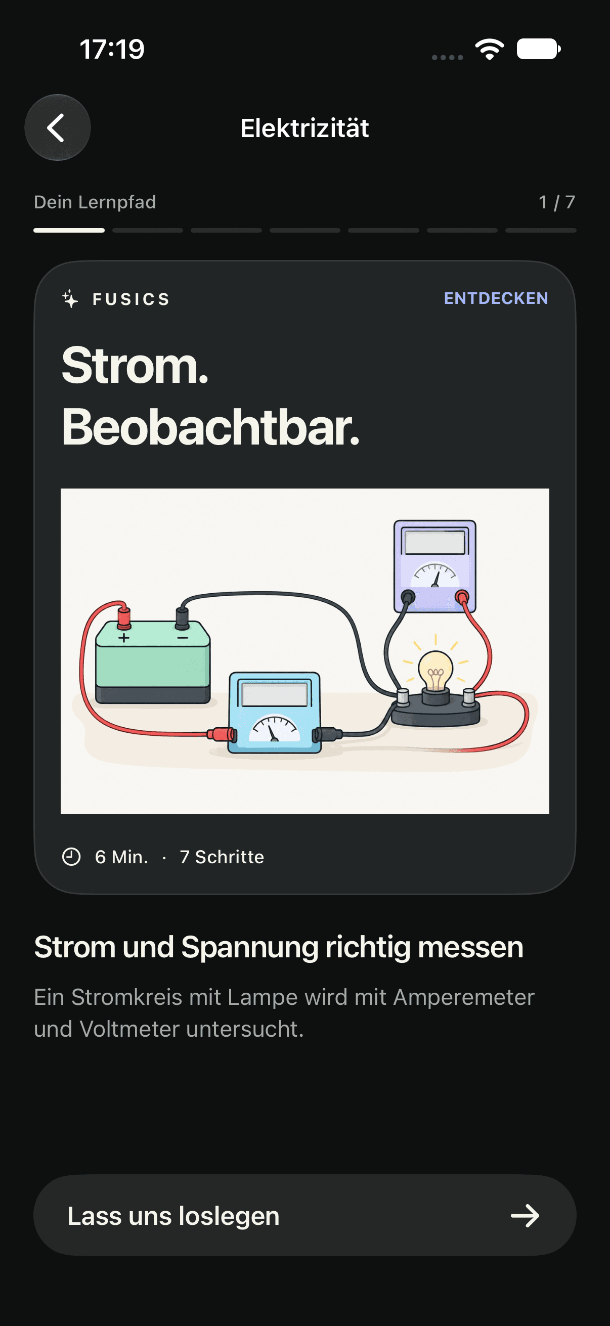 Native FUSICS-App im Dark Mode: Lernpfad zum Messen von Strom und Spannung